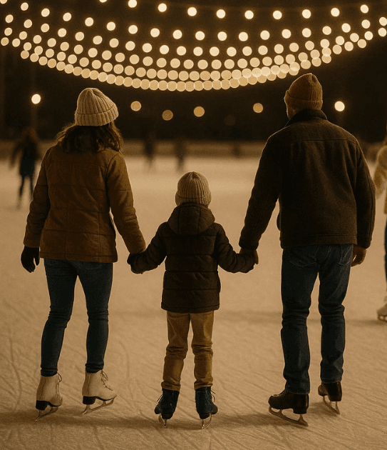 Family Ice Skating at night under twinkle lights.